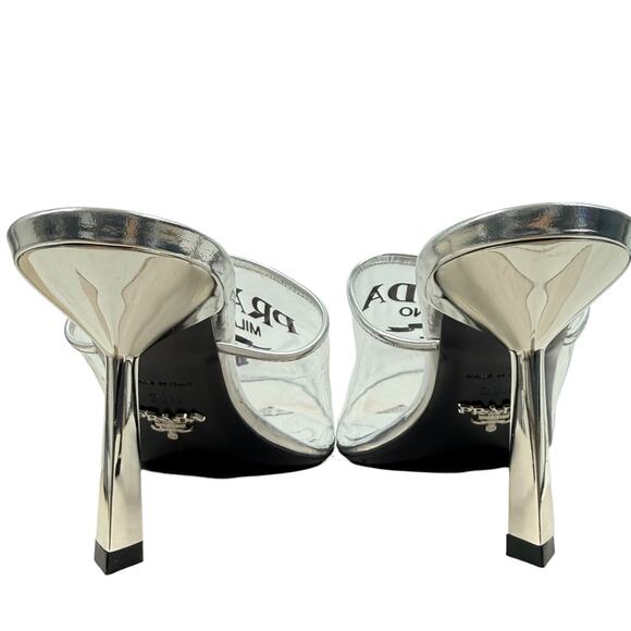 Prada Plex Transparent Pvc Triangle Logo Mule Sandals Silver Size 38.5 - Picture 5 of 10